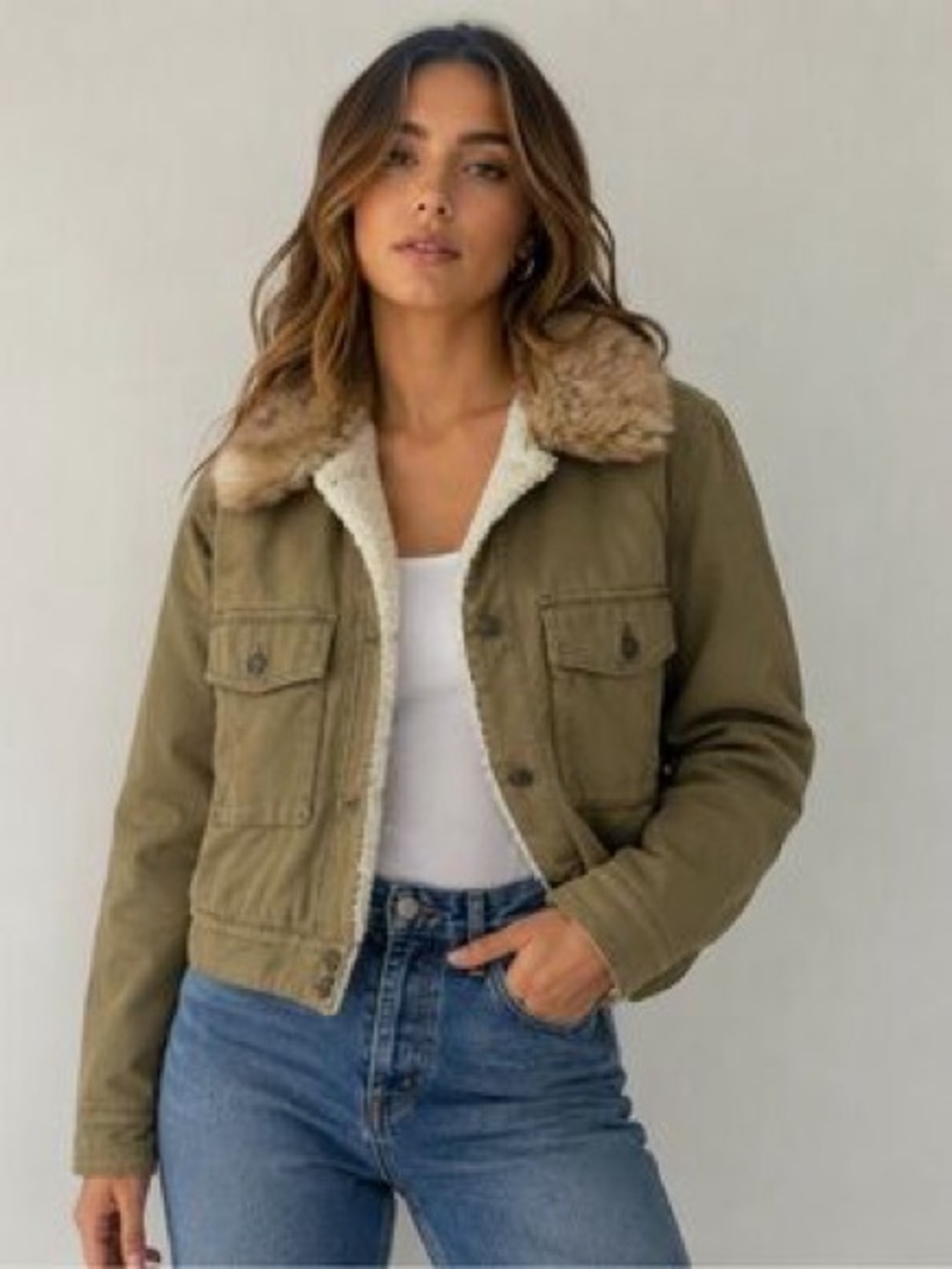 Abercrombie & Fitch Sherpa lined cropped twill military utility workwear jacket